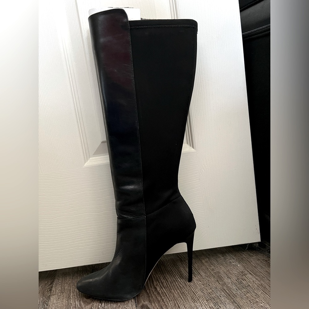 Black Leather and Neoprene Dress Knee High Boot